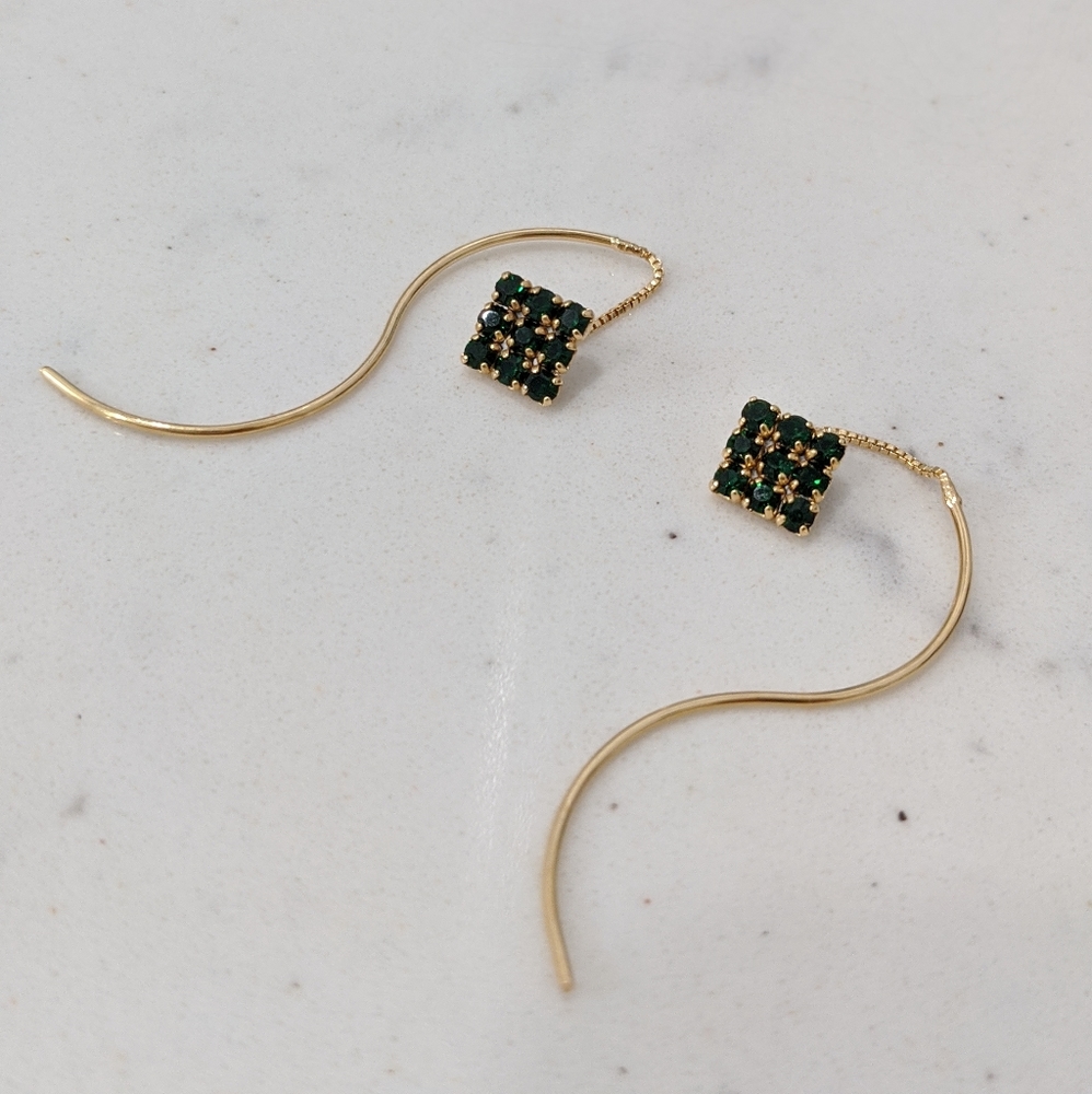 Boho Theader Earrings  Squared Green CZ Earrings